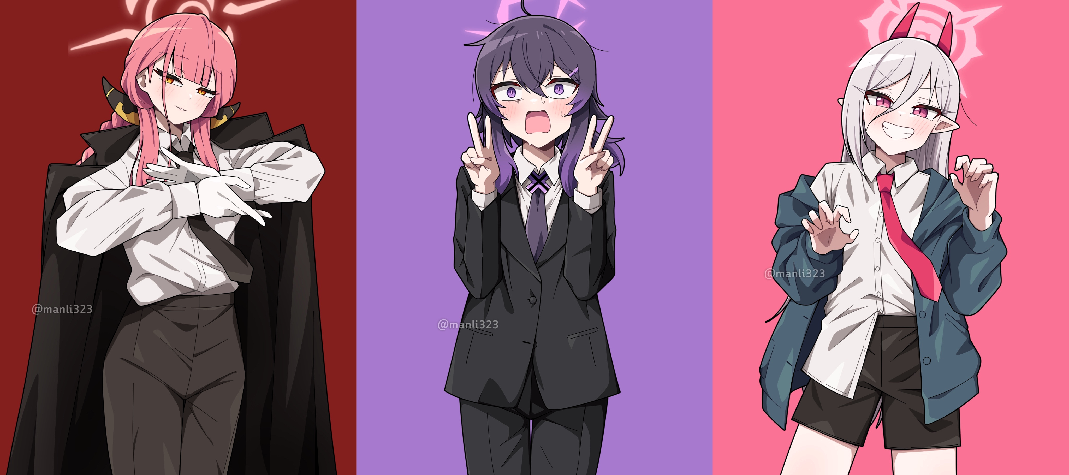manli, aru (blue archive), haruka (blue archive), higashiyama kobeni, makima (chainsaw man), mutsuki (blue archive), power (chainsaw man), blue archive, chainsaw man, absurdres, commentary, highres, 3girls, :o, ahoge, black coat, black necktie, black pants, black shorts, black suit, blue jacket, blunt bangs, coat, collared shirt, cosplay, demon horns, double v, dress shirt, formal clothes, gloves, hair between eyes, halo, higashiyama kobeni (cosplay), horns, jacket, light smile, long sleeves, looking at viewer, makima (chainsaw man) (cosplay), multiple girls, necktie, pants, pink background, pink hair, pink necktie, pointy ears, power (chainsaw man) (cosplay), purple background, purple eyes, purple hair, purple necktie, red background, shirt, shirt tucked in, shorts, simple background, slit pupils, smile, suit, twitter username, v, v-shaped eyebrows, white gloves, white shirt, wide-eyed