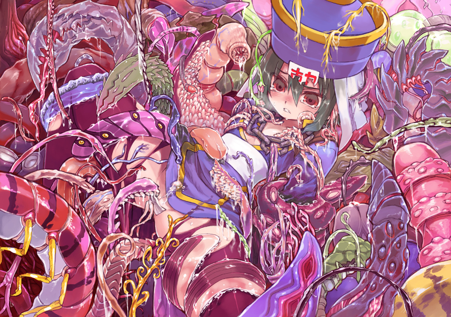 shigehiro (hiroi heya), bongun, ragnarok online, 1girl, assisted exposure, blush, breasts, chain, female focus, genderswap, genderswap (mtf), green hair, hat, imminent rape, maebari, monster, pantyhose, precum, rape, red eyes, small breasts, solo, solo focus, spread legs, tears, tentacle sex, tentacles, torn clothes, torn pantyhose, you gonna get raped