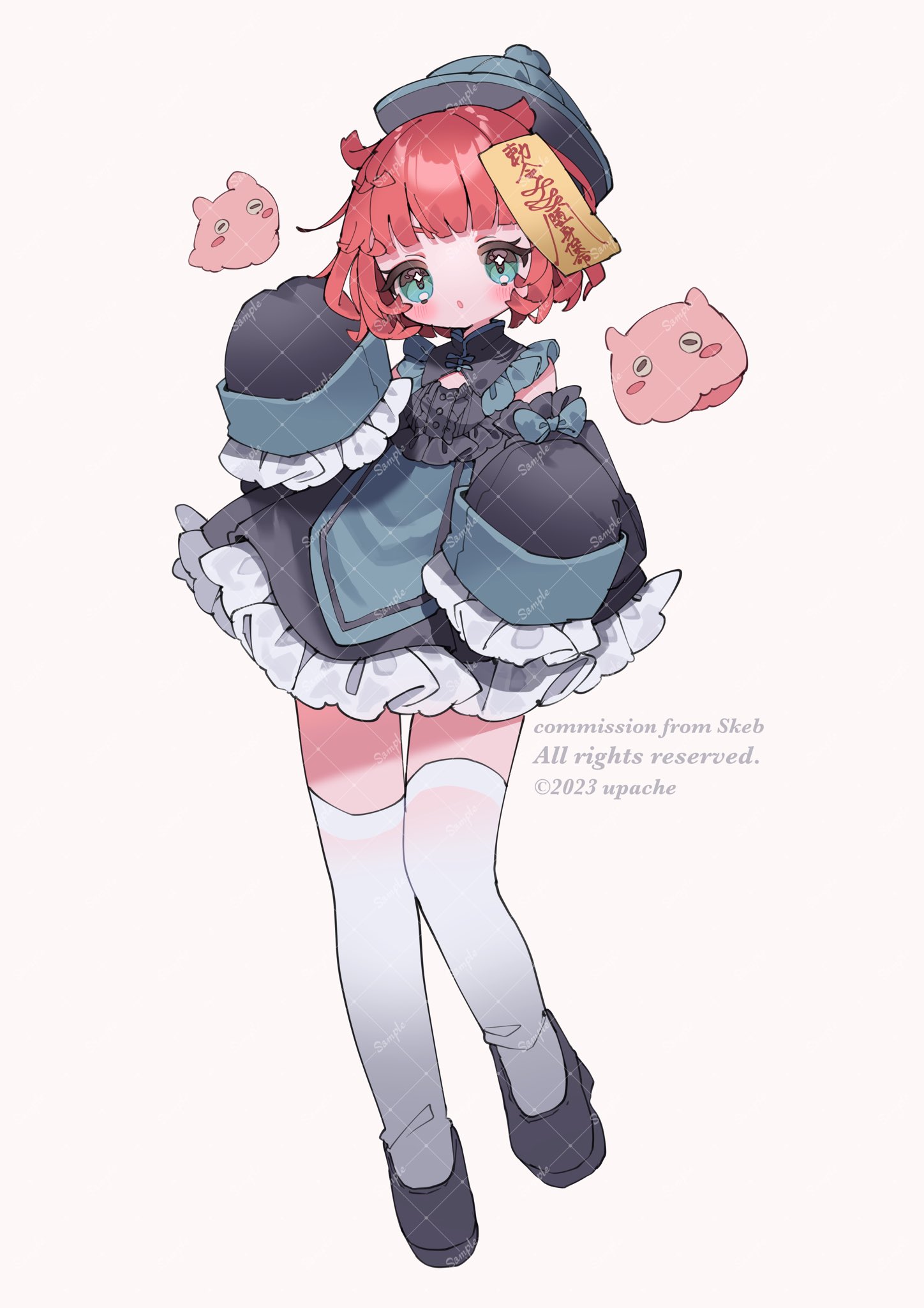 upa papa co, indie virtual youtuber, commentary, commission, highres, skeb commission, 1girl, :o, amakasa porupo, artist name, black dress, black shoes, blunt bangs, blush, bow, dress, frilled dress, frilled sleeves, frills, full body, green bow, green hat, hat, long sleeves, open mouth, red hair, sample watermark, shoes, short hair, simple background, sleeve bow, sleeves past fingers, sleeves past wrists, solo, standing, standing on one leg, thighhighs, virtual youtuber, watermark, watermark grid, white background, white thighhighs
