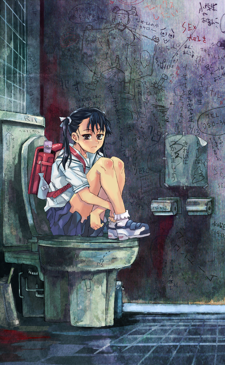 kno1, bad id, bad pixiv id, translated, 1girl, backpack, bag, black hair, blush, brown eyes, child, female focus, graffiti, hugging own legs, long hair, miniskirt, pleated skirt, randoseru, sad, school uniform, shoes, short twintails, sitting, skirt, socks, solo, toilet, toilet paper, trash can, twintails