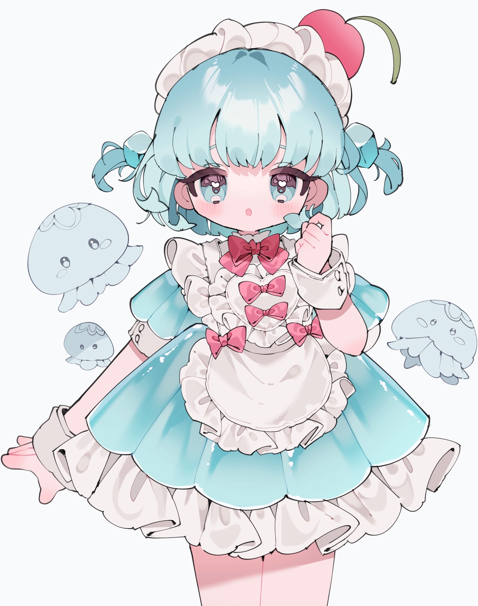 upa papa co, original, commentary, highres, 1girl, :o, apron, blue background, blue dress, blue eyes, blue hair, blush, bow, bowtie, cherry, cowboy shot, cube hair ornament, dress, food, frilled apron, frilled dress, frills, fruit, hair ornament, hand up, jellyfish, looking at viewer, maid headdress, open mouth, red bow, red bowtie, short hair, short sleeves, simple background, solo, two side up, white apron, wrist cuffs