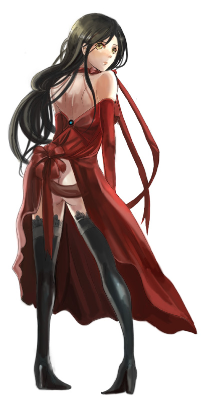 shoko makiko, original, bad id, bad pixiv id, ass, black hair, brown eyes, dress, elbow gloves, gloves, long hair, looking back, solo, thighhighs