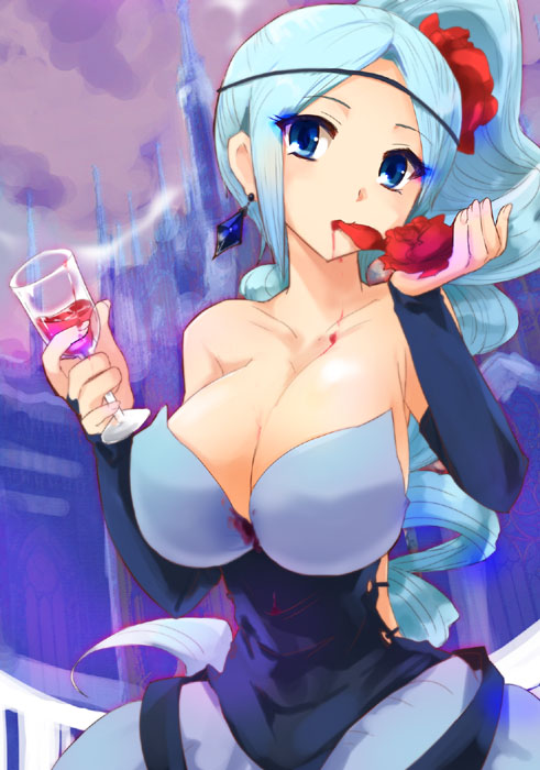 kamaboko red, rosemary (pop'n music), bemani, pop'n music, bad id, bad pixiv id, 1girl, alcohol, blue eyes, blue hair, breasts, cleavage, dress, drill hair, female focus, flower, huge breasts, long hair, matching hair/eyes, rose, solo, wine