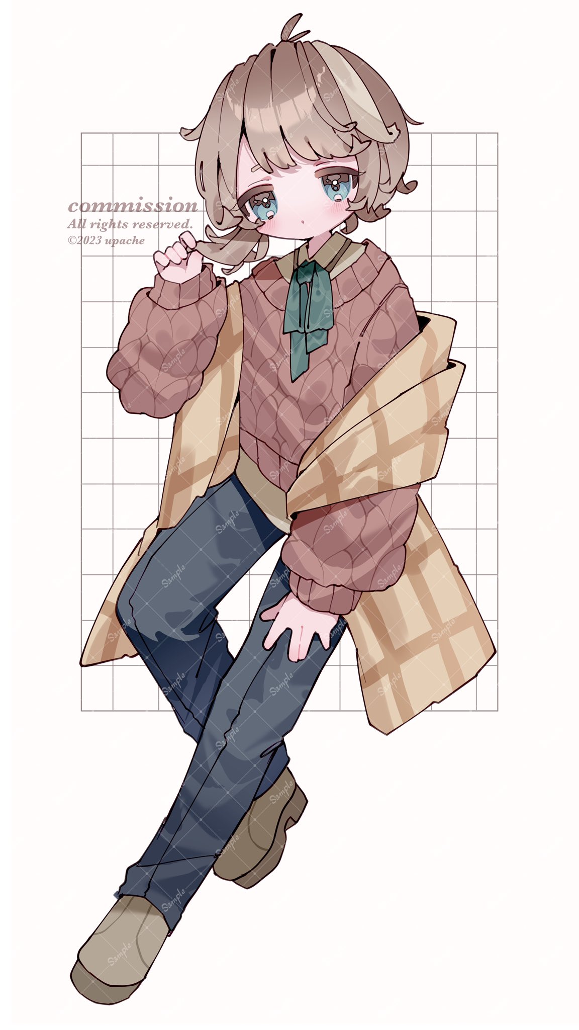 upa papa co, original, commentary, commission, highres, 1girl, antenna hair, artist name, black pants, blue eyes, blush, brown hair, brown scarf, brown shoes, brown sweater, green ribbon, grey hair, grid background, hand up, long sleeves, multicolored hair, neck ribbon, pants, parted lips, ribbon, sample watermark, scarf, shoes, short hair, solo, standing, standing on one leg, sweater, two-tone hair, watermark, watermark grid, white background