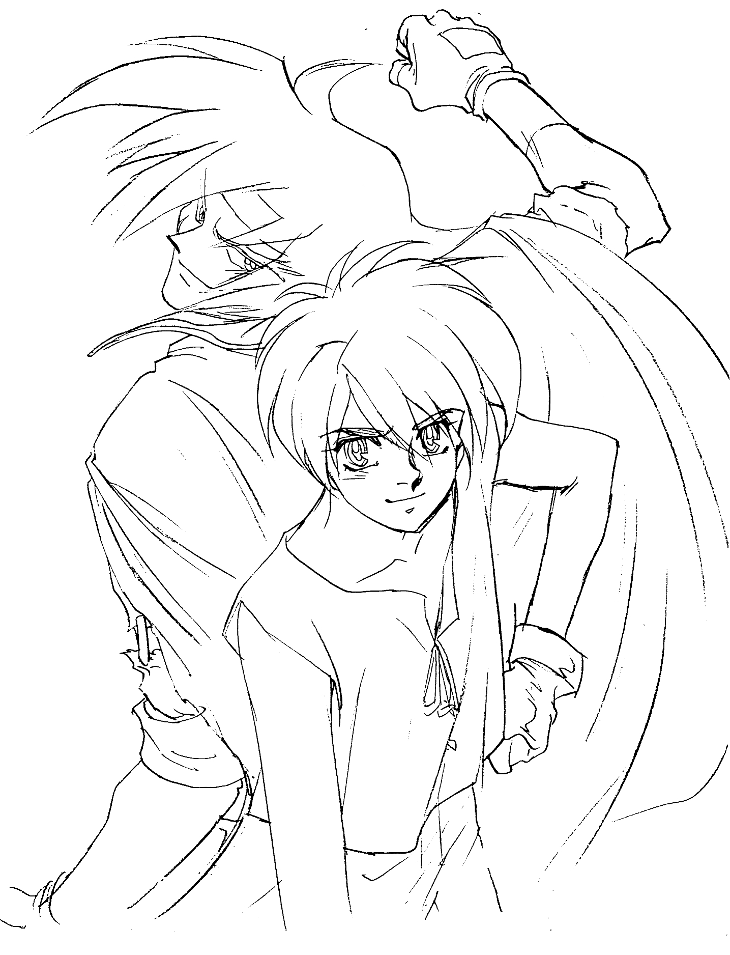 dokite tsukasa, domon kasshu, van fanel, g gundam, gundam, tenkuu no escaflowne, commentary request, highres, official art, 1990s (style), 2boys, cape, closed mouth, gloves, greyscale, headband, looking at viewer, male focus, monochrome, multiple boys, retro artstyle, simple background, smile, white background