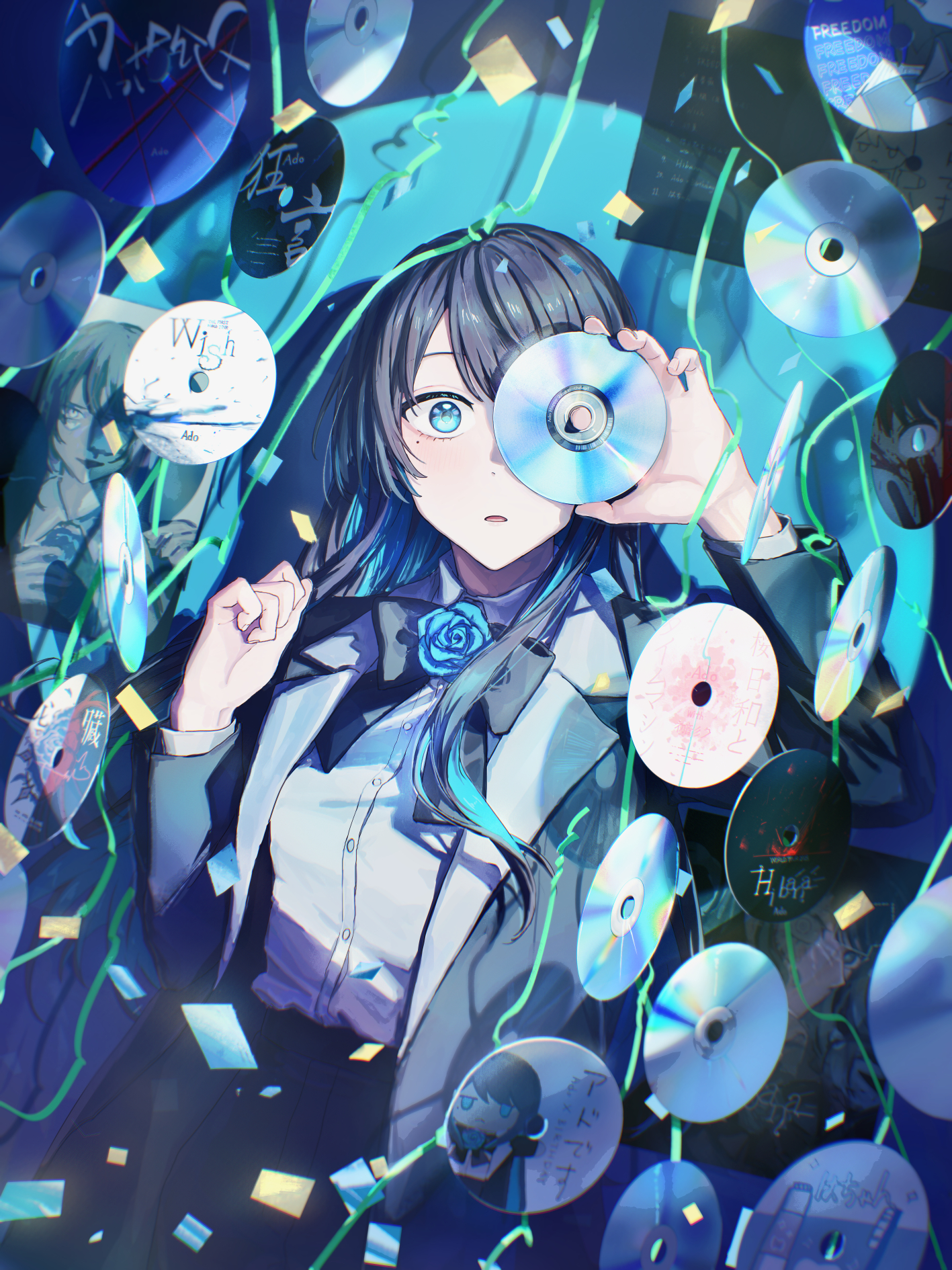 arsum0731, chando (ado), ado (utaite), chinese commentary, commentary request, commission, highres, 1girl, aqua hair, birthday, black bow, black bowtie, black coat, black hair, black pants, blue eyes, blue flower, blue hair, blue rose, bow, bowtie, cd, coat, colored inner hair, confetti, cowboy shot, flower, formal clothes, hands up, holding cd, long hair, long sleeves, looking at viewer, lying, multicolored hair, on back, open clothes, open coat, open mouth, pants, rose, shirt, sidelocks, solo, white shirt, wide-eyed