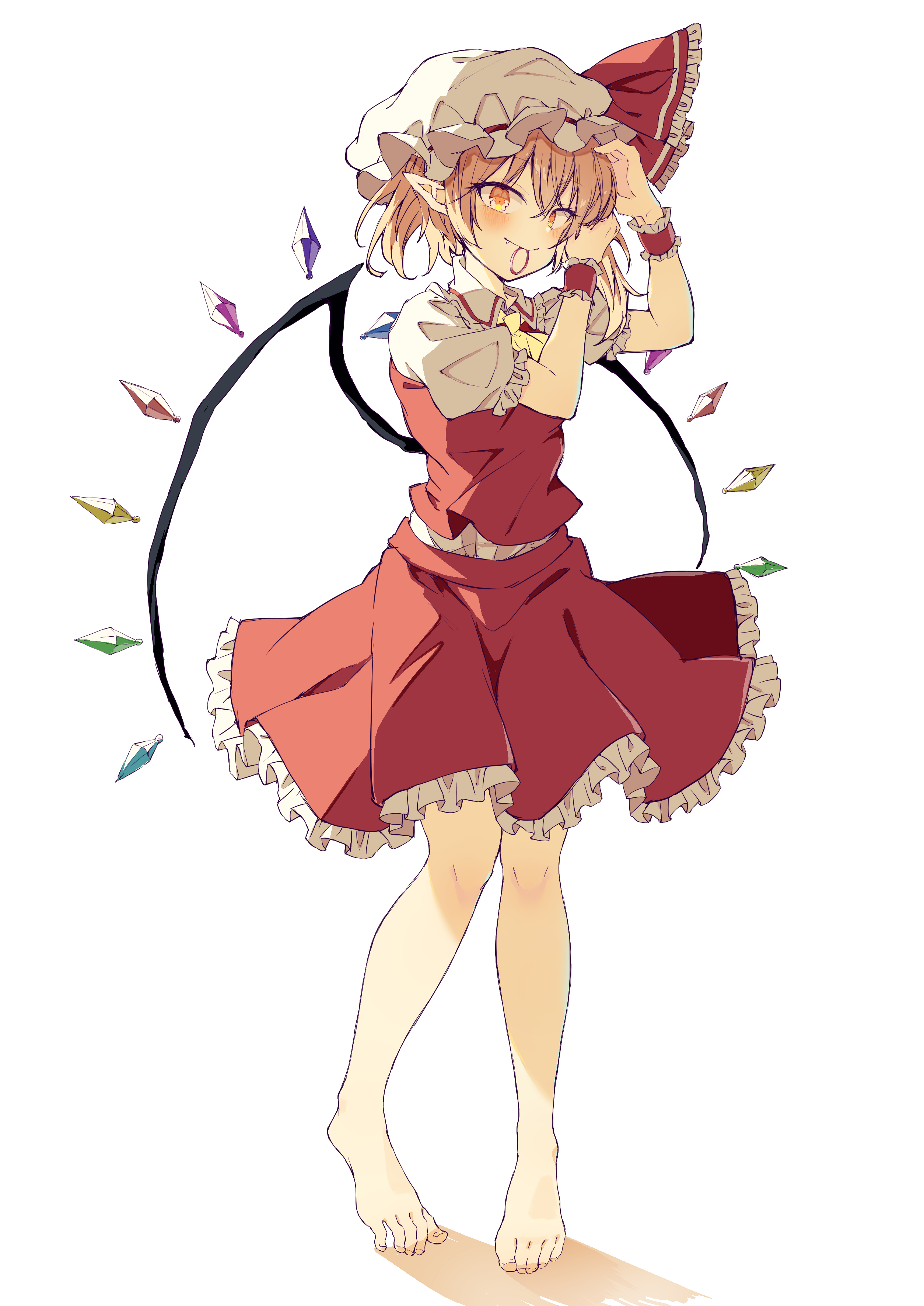 seika okawari, flandre scarlet, touhou, absurdres, commentary, highres, 1girl, alternate eye color, ascot, bare legs, barefoot, blonde hair, blush, crystal, crystal wings, fang, fang out, frilled hat, frilled ribbon, frilled sleeves, frilled wristband, frills, full body, hair tie, hair tie in mouth, hat, hat ribbon, looking at viewer, mob cap, mouth hold, one side up, petticoat, pointy ears, puffy short sleeves, puffy sleeves, red ribbon, red skirt, red vest, ribbon, shirt, shirt tucked in, short sleeves, skirt, skirt set, smile, solo, toenails, toes, tying hair, vest, white hat, white shirt, wings, yellow ascot, yellow eyes