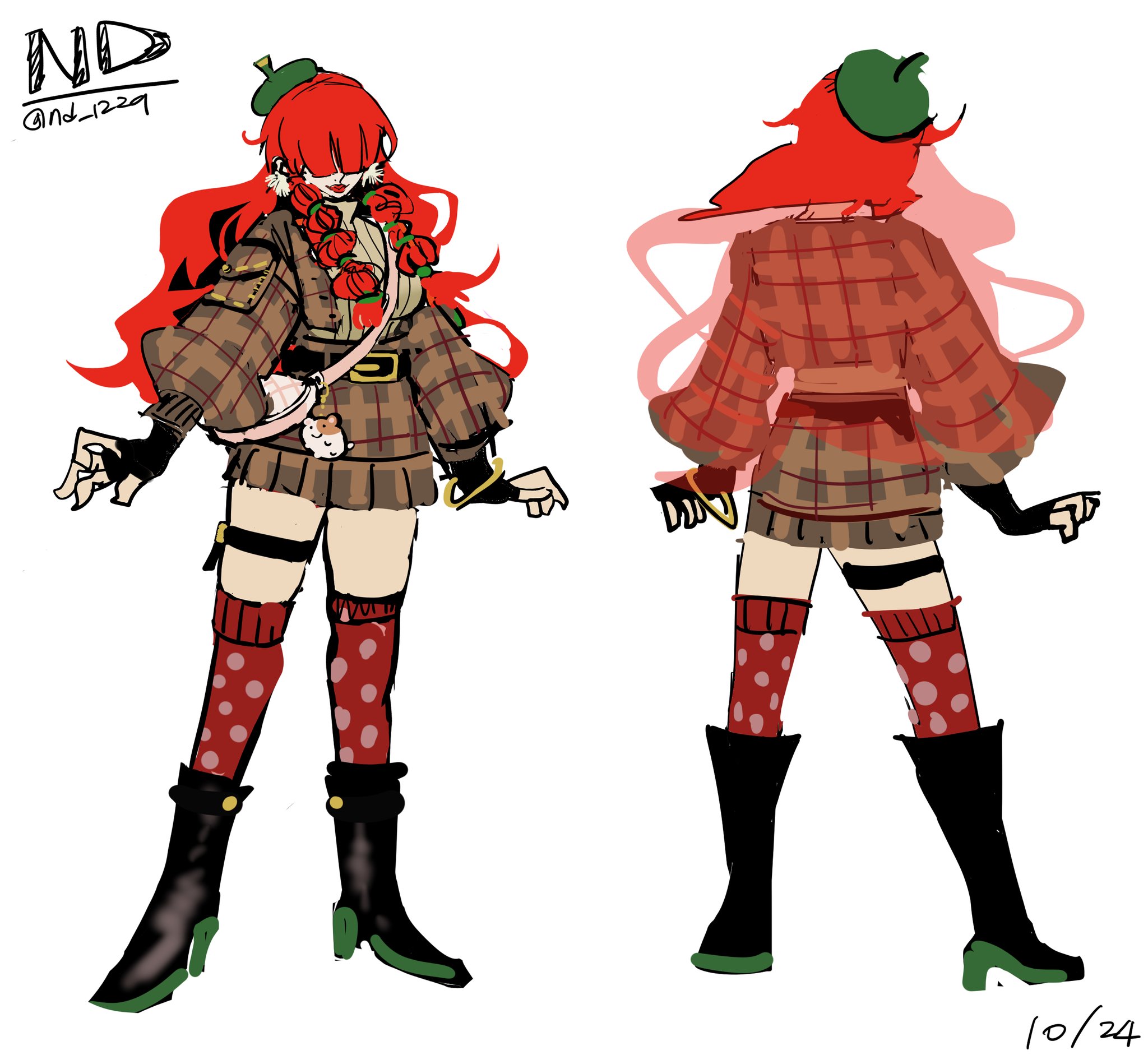 shermie (kof), the king of fighters, highres, 1girl, bag, boots, breasts, gloves, hat, heel up, high heels, large breasts, long hair, long sleeves, nd 1229, pale skin, red hair, skirt, socks, standing, sweater, thick thighs, thighs, twintails
