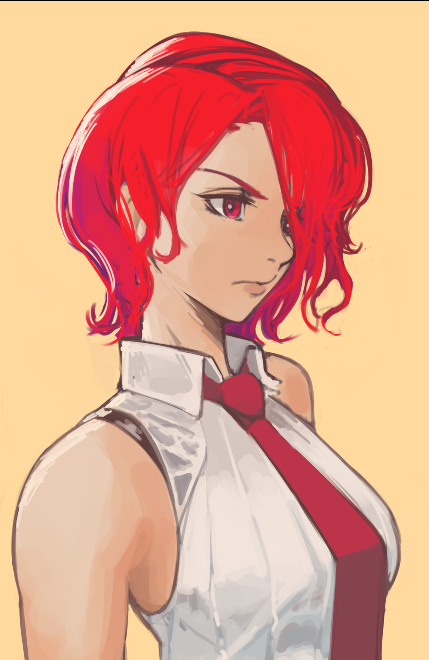 toastitos, toshio, vanessa (kof), the king of fighters, 1girl, breasts, formal clothes, medium breasts, pale skin, red eyes, red hair, shirt, short hair, sleeveless, white shirt