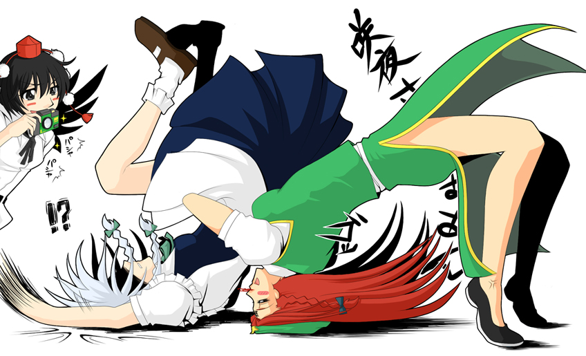 neko majin, hong meiling, izayoi sakuya, shameimaru aya, touhou, silver hair, translated, !?, 3girls, black hair, blood, braid, camera, china dress, chinese clothes, dress, female focus, german suplex, hat, long hair, maid, multiple girls, nosebleed, red hair, ribbon, short hair, suplex, tokin hat, twin braids, white background, wrestling