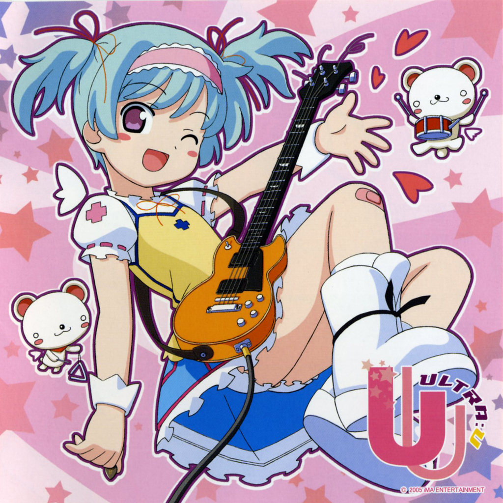 kuuchuu yousai, original, scan, 1girl, blue hair, cover, female focus, guitar, instrument, loli, one eye closed, panties, pantyshot, purple eyes, short hair, solo, twintails, underwear, wink