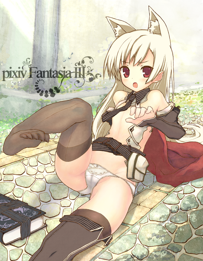 kagutsuchi (artist), kagutsuchi (l'archange), pixiv fantasia, pixiv fantasia 3, 1girl, animal ears, belt, book, breasts, cameltoe, detached sleeves, feet, female focus, flat chest, loli, long hair, lowleg, lowleg panties, necktie, open mouth, panties, red eyes, shoes, single shoe, small breasts, solo, thighhighs, underwear, white panties