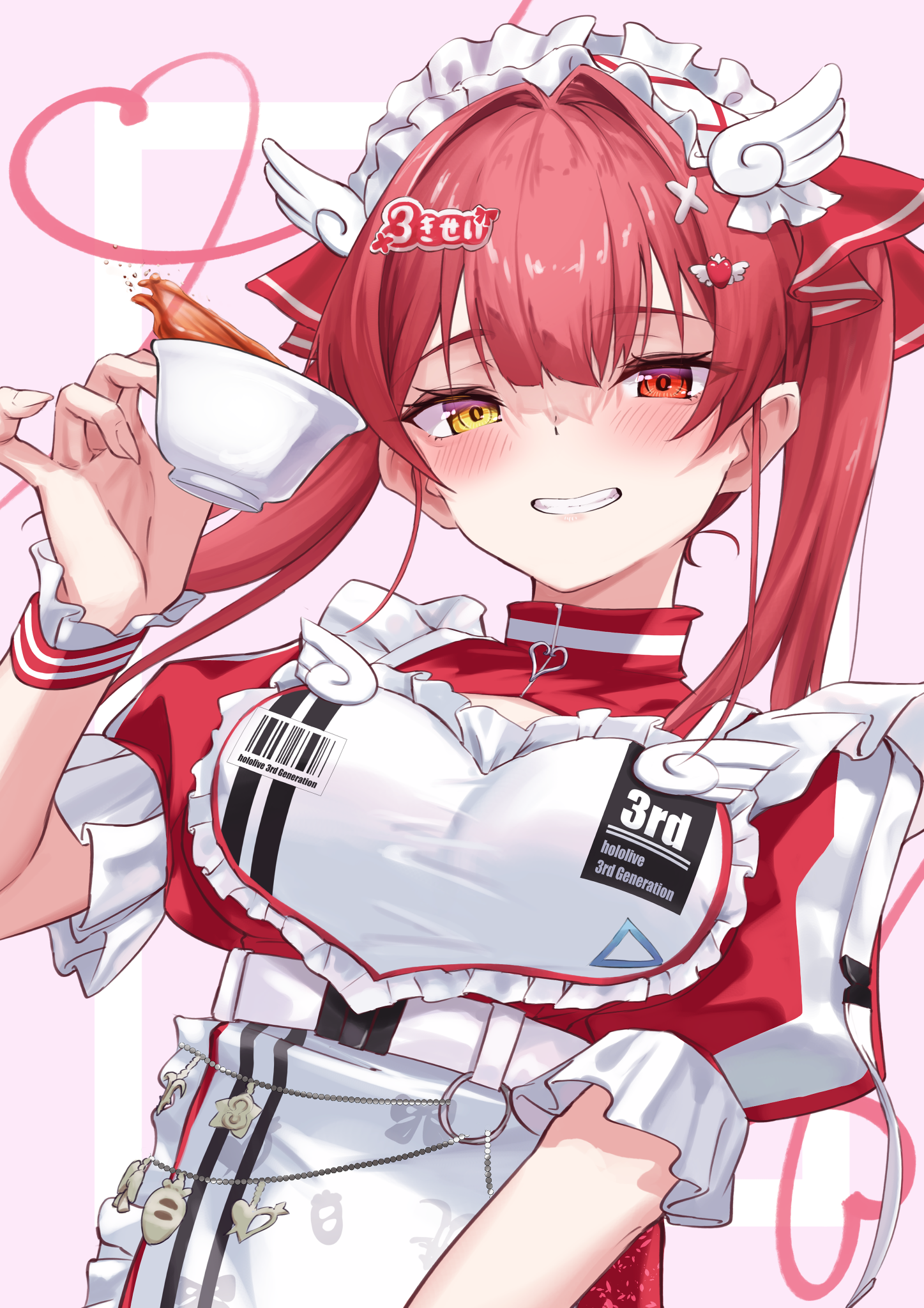 ilie ilie, houshou marine, hololive, highres, 1girl, :d, apron, breasts, cup, gloves, grin, hair between eyes, hair ornament, hair ribbon, heterochromia, holding, holding cup, jersey maid, large breasts, long hair, looking at viewer, maid, maid apron, maid headdress, official alternate costume, open mouth, puffy short sleeves, puffy sleeves, red eyes, red hair, red ribbon, ribbon, short sleeves, simple background, smile, solo, twintails, unconventional maid, upper body, virtual youtuber, white apron, white gloves, wing hair ornament, wrist cuffs, yellow eyes