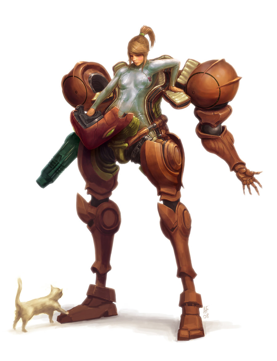 sundragon83, samus aran, metroid, nintendo, 1girl, arm cannon, arm support, armor, blonde hair, bodysuit, breasts, breasts apart, brown hair, cat, covered navel, emblem, female focus, full body, gun, high ponytail, large breasts, long hair, mecha, ponytail, power armor, power suit (metroid), realistic, robot, scrunchie, shiny clothes, sidelocks, simple background, skin tight, solo, swept bangs, turtleneck, undressing, varia suit, weapon, white background, white cat, zero suit