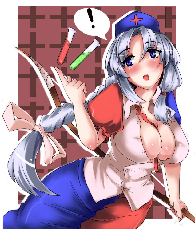 magukappu, yagokoro eirin, touhou, silver hair, !, 1girl, blouse, blue eyes, blush, bow (weapon), breasts, bursting breasts, cleavage, covered erect nipples, female focus, hair ribbon, hat, holding, holding bow (weapon), holding weapon, large breasts, long hair, no nose, nurse cap, ribbon, shirt, solo, spoken exclamation mark, test tube, unbuttoned, weapon