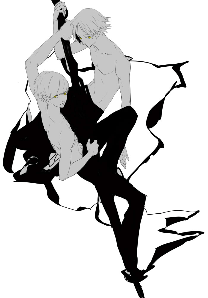 hanamura yousuke, narukami yu, atlus, persona, persona 4, 2boys, male focus, monochrome, multiple boys, white background