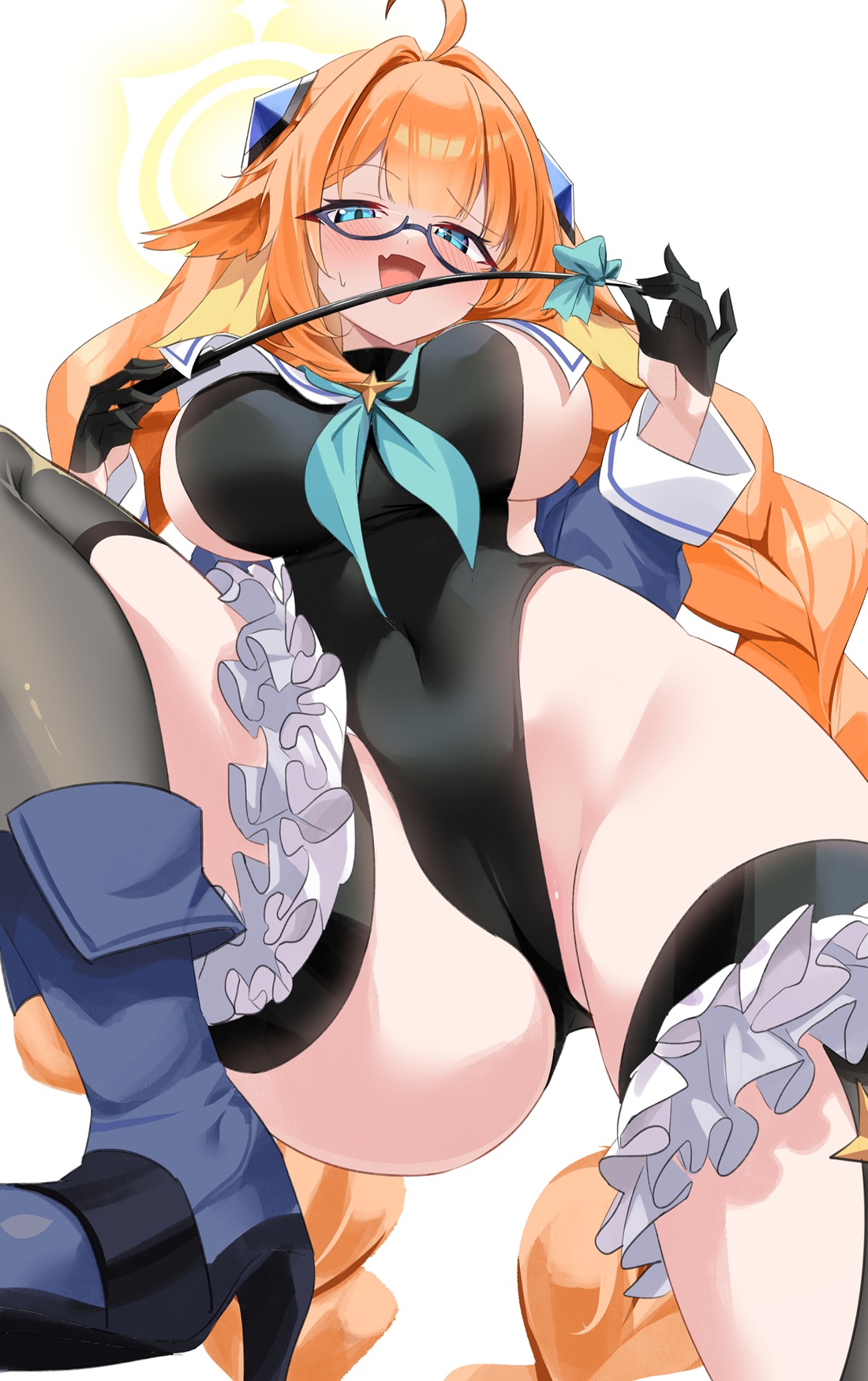 ragnaveldt, shimiko (blue archive), shimiko (magical) (blue archive), blue archive, highres, 1girl, ahoge, black leotard, black thighhighs, blue eyes, blue shoes, blue shrug, blush, braid, breasts, covered navel, fang, green neckerchief, green ribbon, groin, halo, highleg, highleg leotard, large breasts, leotard, long hair, looking at viewer, neckerchief, open mouth, orange hair, ribbon, sailor collar, shoes, shrug (clothing), sideboob, skin fang, solo, thighhighs, thighs, twin braids, very long hair, white sailor collar, yellow halo