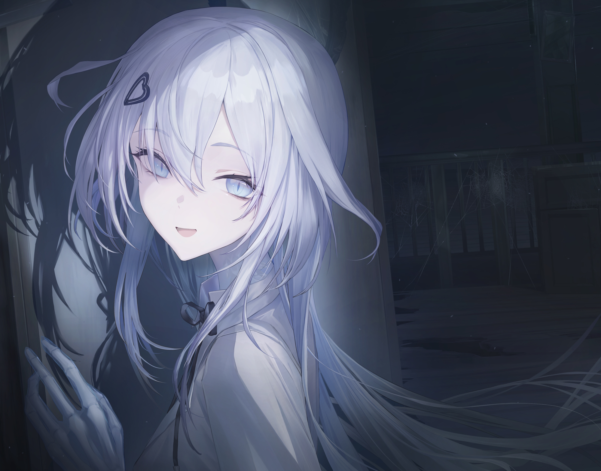 morichika shuuto, original, highres, 1girl, blue eyes, bone, grey hair, hair ornament, hairclip, long hair, looking to the side, open mouth, shadow, smile, spider web pattern, white hair