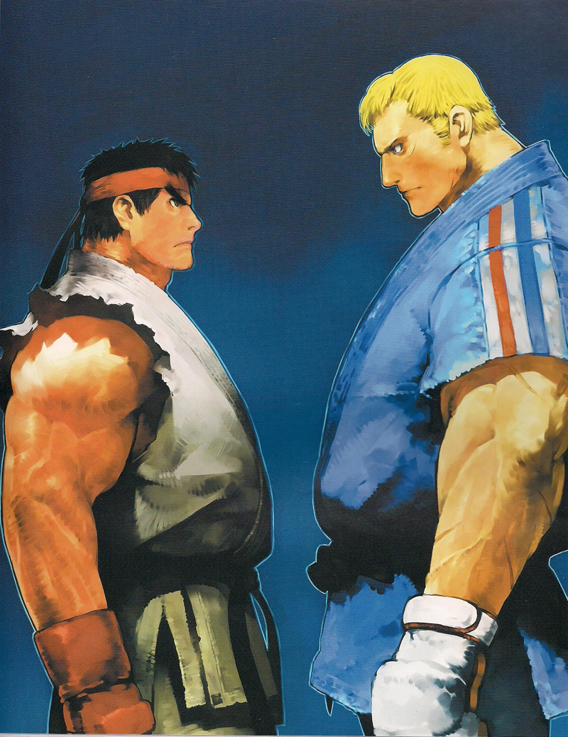 senno aki, abel (street fighter), ryu (street fighter), capcom, street fighter, street fighter iv (series), eyebrows, non-web source, 2boys, black hair, blonde hair, confrontation, dougi, france, french text, gloves, headband, male focus, multiple boys, muscular, scar, short hair, sleeveless, staredown, staring