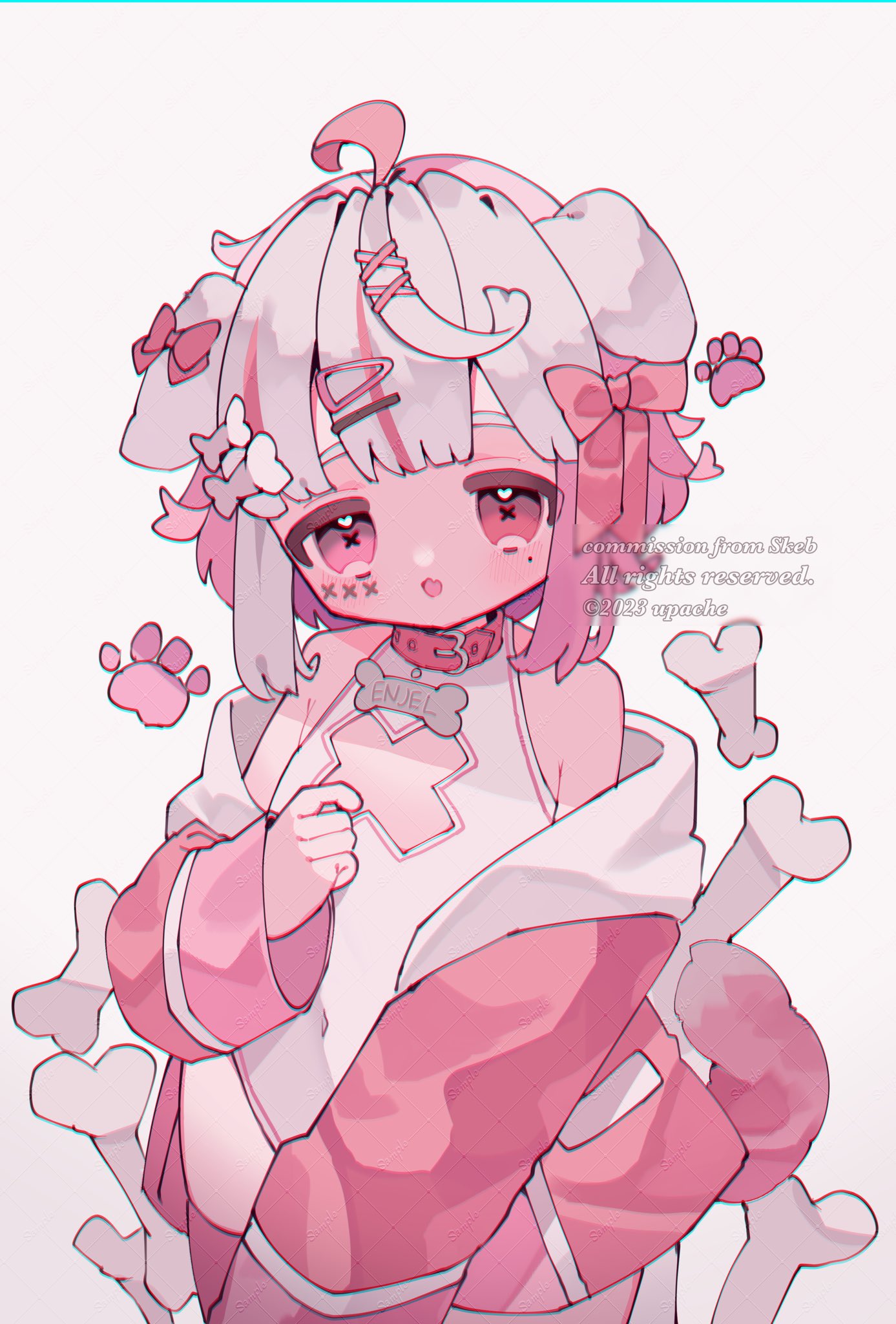 upa papa co, original, commentary, commission, highres, skeb commission, 1boy, ahoge, animal ears, bare shoulders, blunt bangs, blush, bone, borrowed character, covered navel, cowboy shot, dog boy, dog ears, dog tail, hand up, heterochromia, jacket, leotard, long sleeves, male focus, multicolored hair, off shoulder, open clothes, open jacket, open mouth, pink eyes, pink hair, pink jacket, red eyes, simple background, solo, streaked hair, tail, trap, two-tone hair, white background, white hair, white leotard