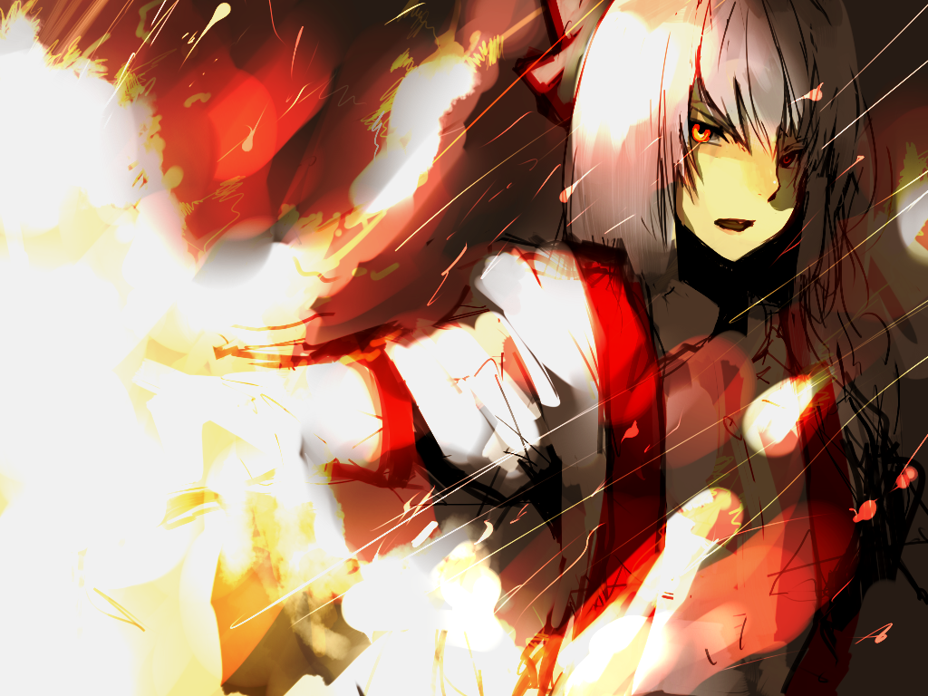 un-known (ninesix), fujiwara no mokou, touhou, silver hair, bad id, bad pixiv id, 1girl, female focus, fire, red eyes, ribbon, solo