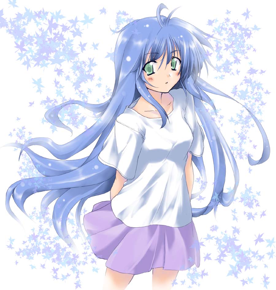 take shinobu, takesinobu, original, bad id, bad pixiv id, 1girl, :o, blue hair, blush, female focus, green eyes, leaf, long hair, miniskirt, pleated skirt, simple background, skirt, solo, standing, very long hair
