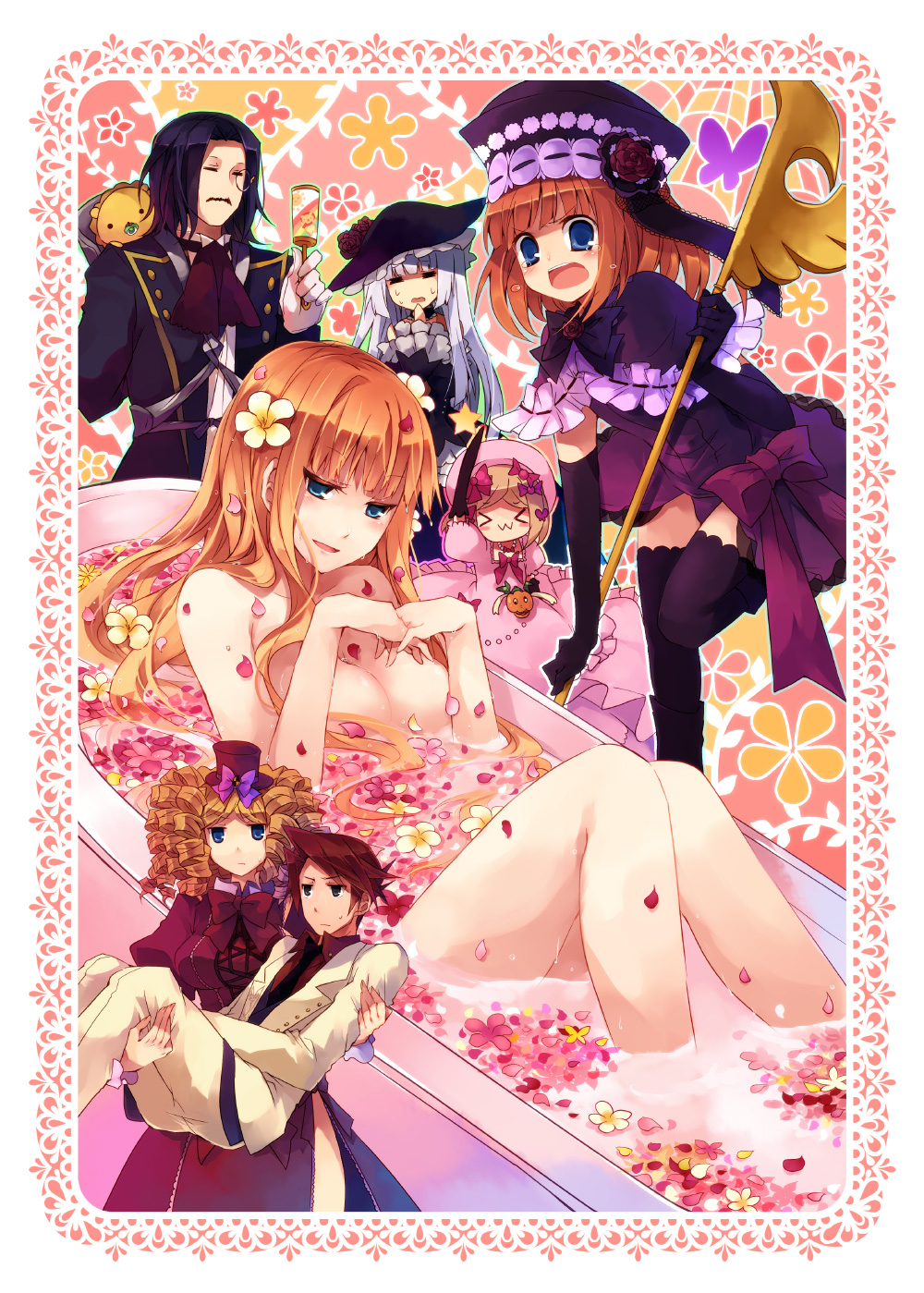 suzushiro kurumi, beatrice (umineko), eva beatrice, gaap (umineko), lambdadelta, ronove (umineko), sakutarou (umineko), ushiromiya battler, virgilia (umineko), umineko no naku koro ni, silver hair, highres, > <, 00s, 2boys, 5girls, :3, = =, bath, bathtub, black hair, blonde hair, blue eyes, bow, breasts, bug, butterfly, carrying, closed eyes, completely unamused, dress, drill hair, elbow gloves, facial hair, flower, frills, gloves, hat, hime cut, insect, long hair, mini hat, mini top hat, monocle, multiple boys, multiple girls, mustache, nude, orange hair, pacifier, petals, petals on liquid, princess carry, red hair, ribbon, rose, rose petals, short hair, staff, thighhighs, top hat, unamused, ushiromiya batter, x3