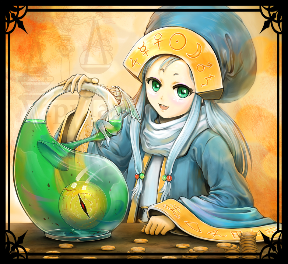 sai-go, pixiv fantasia, pixiv fantasia 3, eyebrows, bad id, bad pixiv id, 1girl, alchemist, alchemy, blue hair, bottle, coin, eyeball, female focus, gold, green eyes, happy, hat, mars symbol, mercury symbol, money, open mouth, scarf, sidelocks, smile, solo, sun symbol, venus symbol