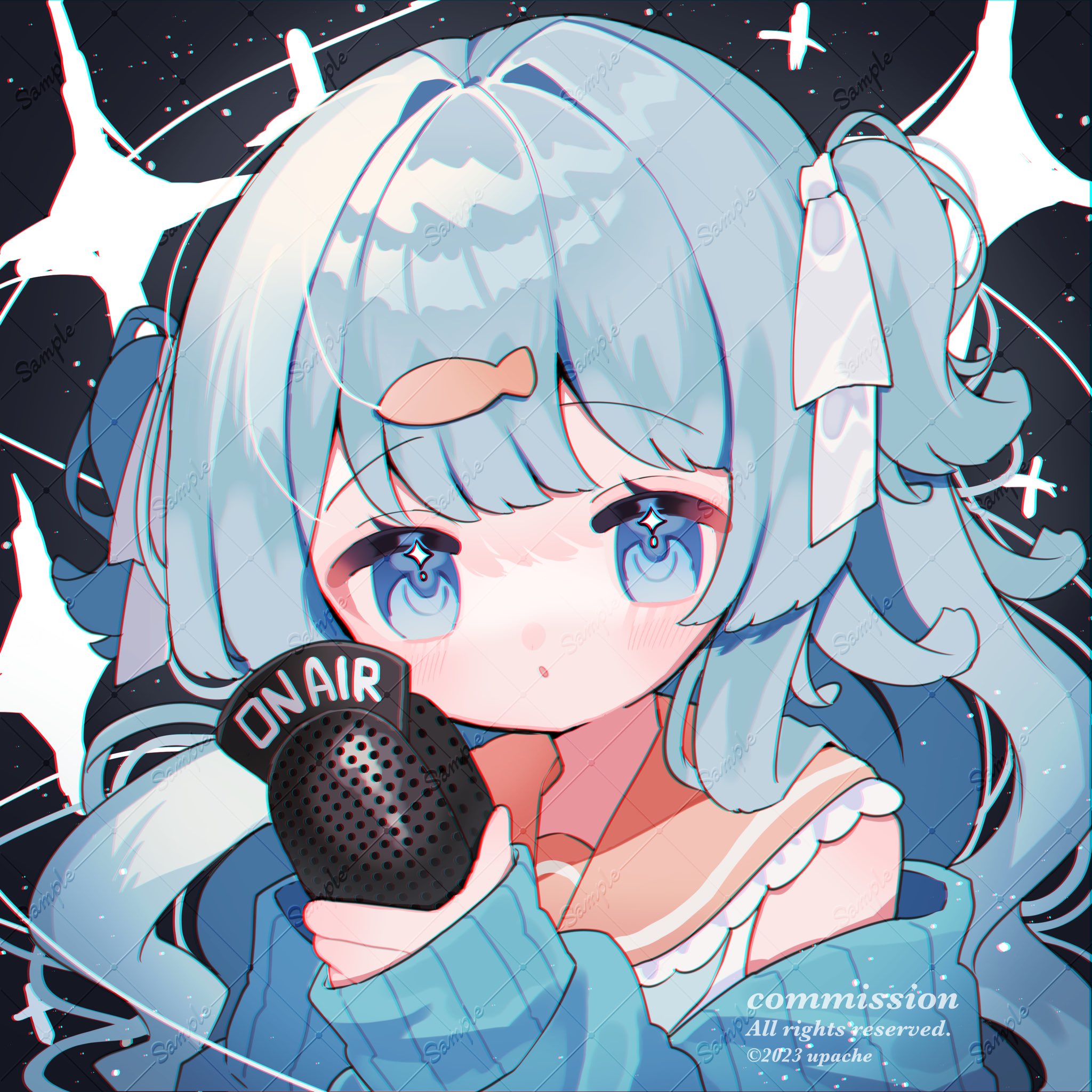 upa papa co, original, commentary, commission, highres, 1girl, black background, blue cardigan, blue eyes, blue hair, blush, cardigan, fish hair ornament, frilled sailor collar, frills, hair ornament, hair ribbon, holding, holding microphone, long hair, long sleeves, looking at viewer, microphone, off shoulder, open cardigan, open clothes, orange sailor collar, parted lips, portrait, ribbon, sailor collar, sample watermark, shirt, sleeveless, sleeveless shirt, solo, sparkle, two side up, watermark, watermark grid, white ribbon, white shirt