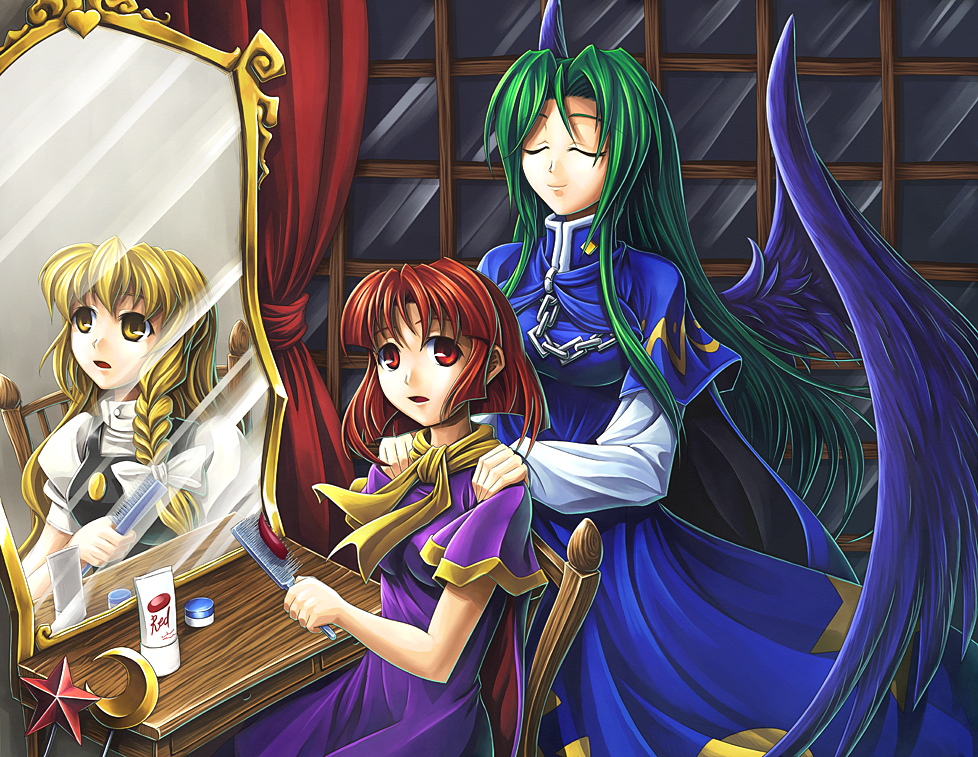 koto tsubane, kirisame marisa, kirisame marisa (pc-98), mima (touhou), the story of eastern wonderland, touhou, touhou (pc-98), 2girls, alternate eye color, alternate hair color, blonde hair, braid, chain, closed eyes, comb, different reflection, dress, dual persona, female focus, green hair, hair brush, long hair, mirror, multiple girls, no headwear, red eyes, red hair, reflection, tube, when you see it, wings, yellow eyes