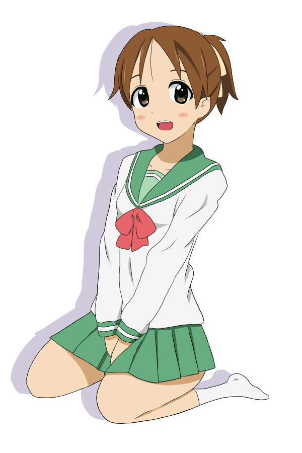 goro, hirasawa ui, k-on!, bad id, bad pixiv id, 00s, 1girl, bad anatomy, bad feet, brown eyes, brown hair, feet, female focus, full body, miniskirt, open mouth, ponytail, poorly drawn, school uniform, seiza, serafuku, simple background, sitting, skirt, socks, solo, v arms