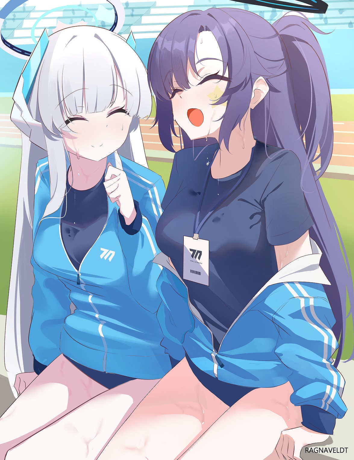 ragnaveldt, noa (blue archive), yuuka (blue archive), yuuka (track) (blue archive), blue archive, highres, 2girls, black halo, blue buruma, blue jacket, blue shirt, breasts, buruma, closed eyes, grey hair, gym shirt, gym uniform, halo, headphones, jacket, long hair, mechanical halo, medium breasts, multiple girls, open clothes, open jacket, open mouth, partially unzipped, ponytail, purple hair, shirt, sitting, smile, star (symbol), star sticker, sticker, sticker on face, sweat, thighs, track jacket, white halo