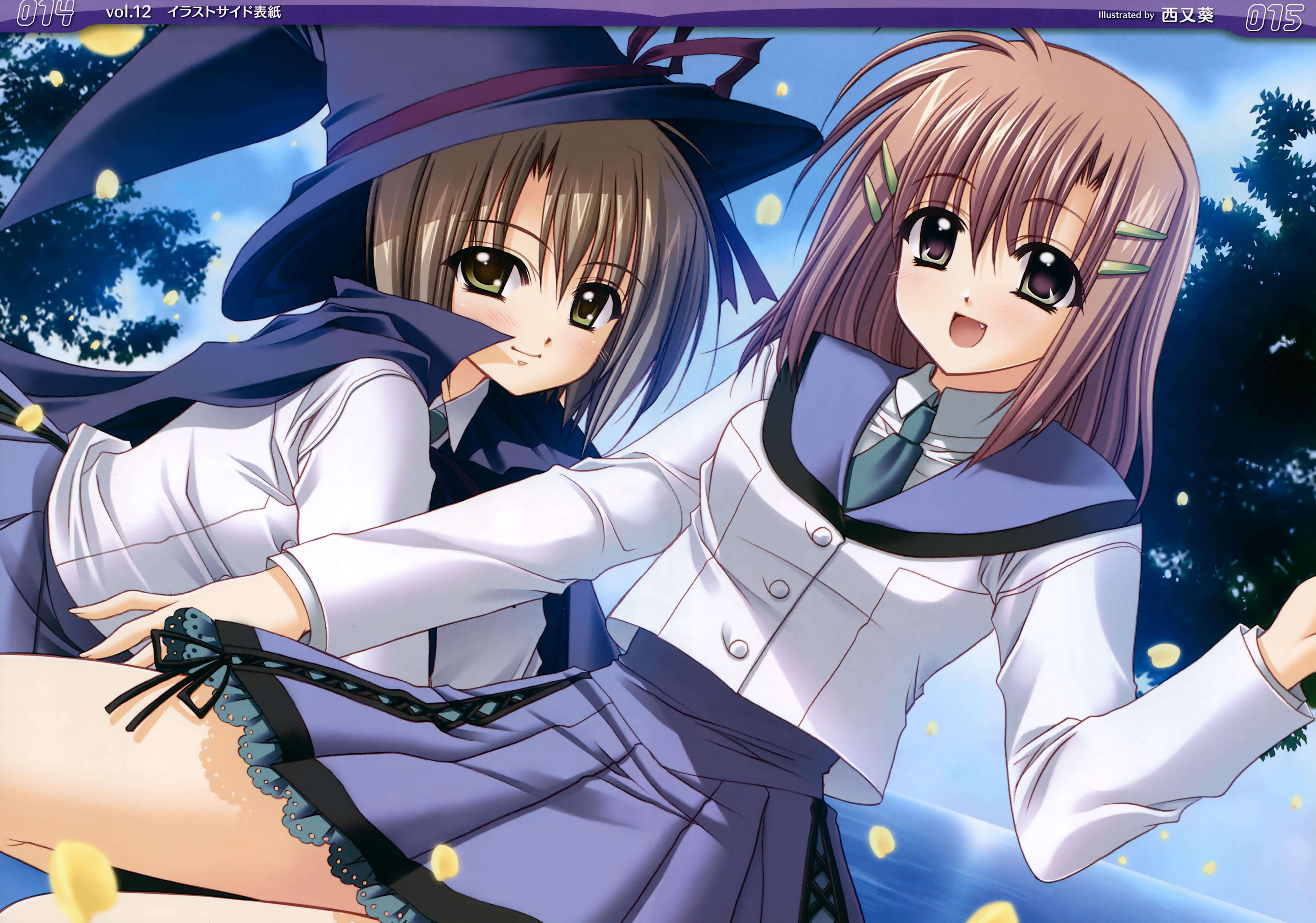 nishimata aoi, cleenex tissue, ellyeir pulp, judgement chime, absurdres, highres, 2girls, brown hair, fang, hair ornament, hairclip, hat, multiple girls, open mouth, petals, ribbon, school uniform, short hair, smile, witch hat, yellow eyes