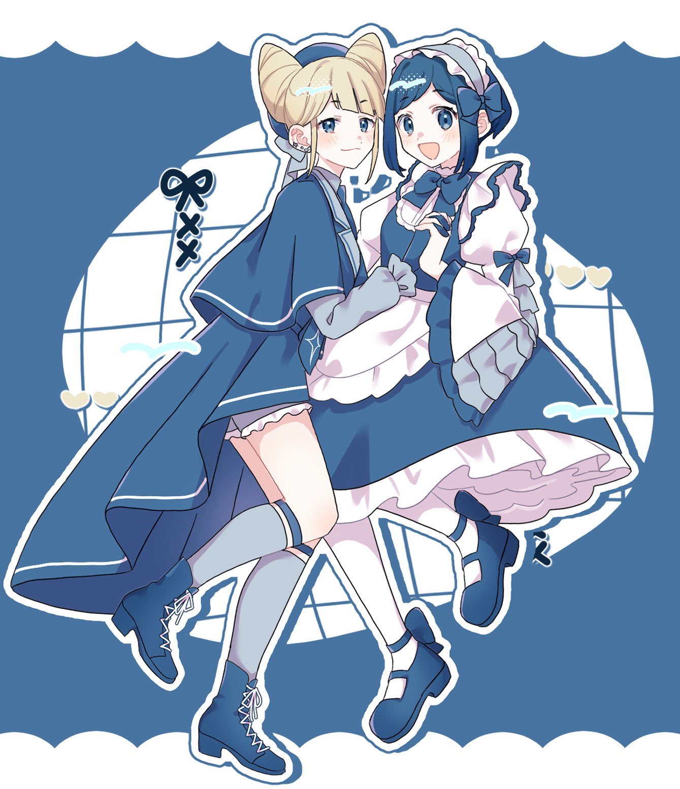 kahuka25, fukurai azami, jasmine (toshi densetsu kaitai center), toshi densetsu kaitai center, highres, 2girls, :d, alternate costume, blonde hair, blue dress, blue hair, blue shoes, blue socks, blue theme, cone hair bun, double bun, dress, frilled dress, frilled sleeves, frills, full body, hair bun, holding hands, interlocked fingers, juliet sleeves, limited palette, long sleeves, looking at viewer, multiple girls, open mouth, pantyhose, puffy sleeves, shoes, short hair, smile, socks, standing, standing on one leg, white pantyhose