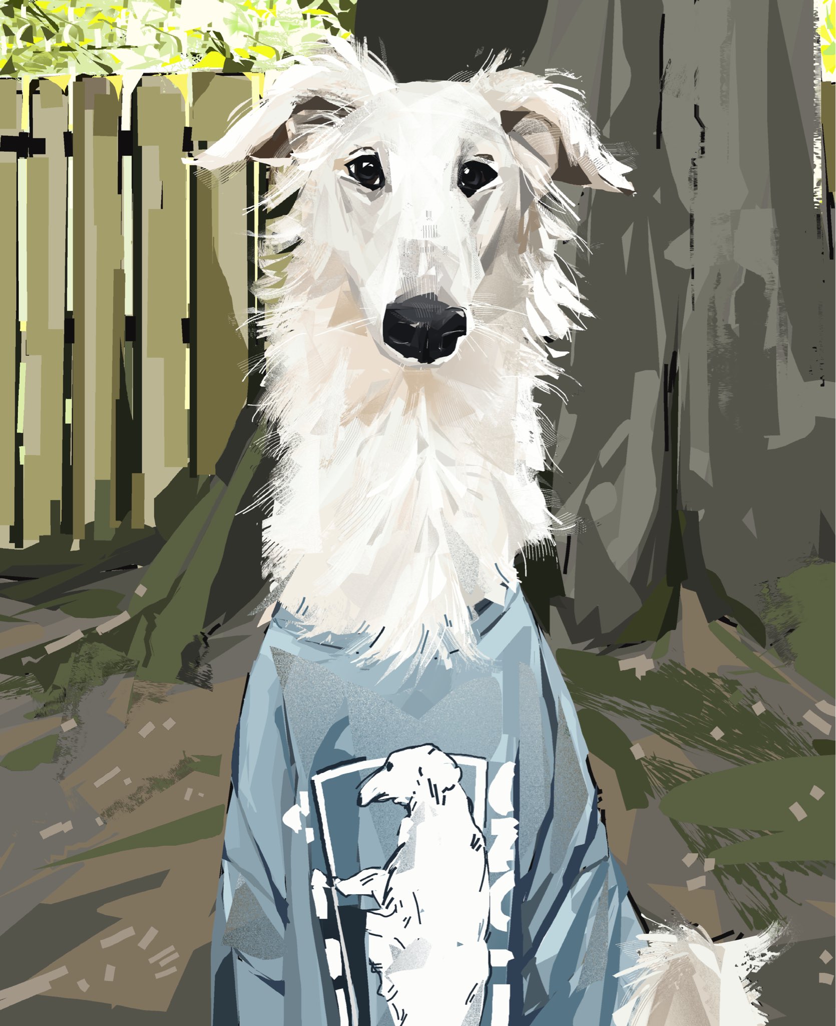 junbuug, original, commentary, commission, english commentary, highres, animal, animal focus, black eyes, blue shirt, clothed animal, dog, looking at viewer, no humans, outdoors, shirt, solo, straight-on, upper body, white dog
