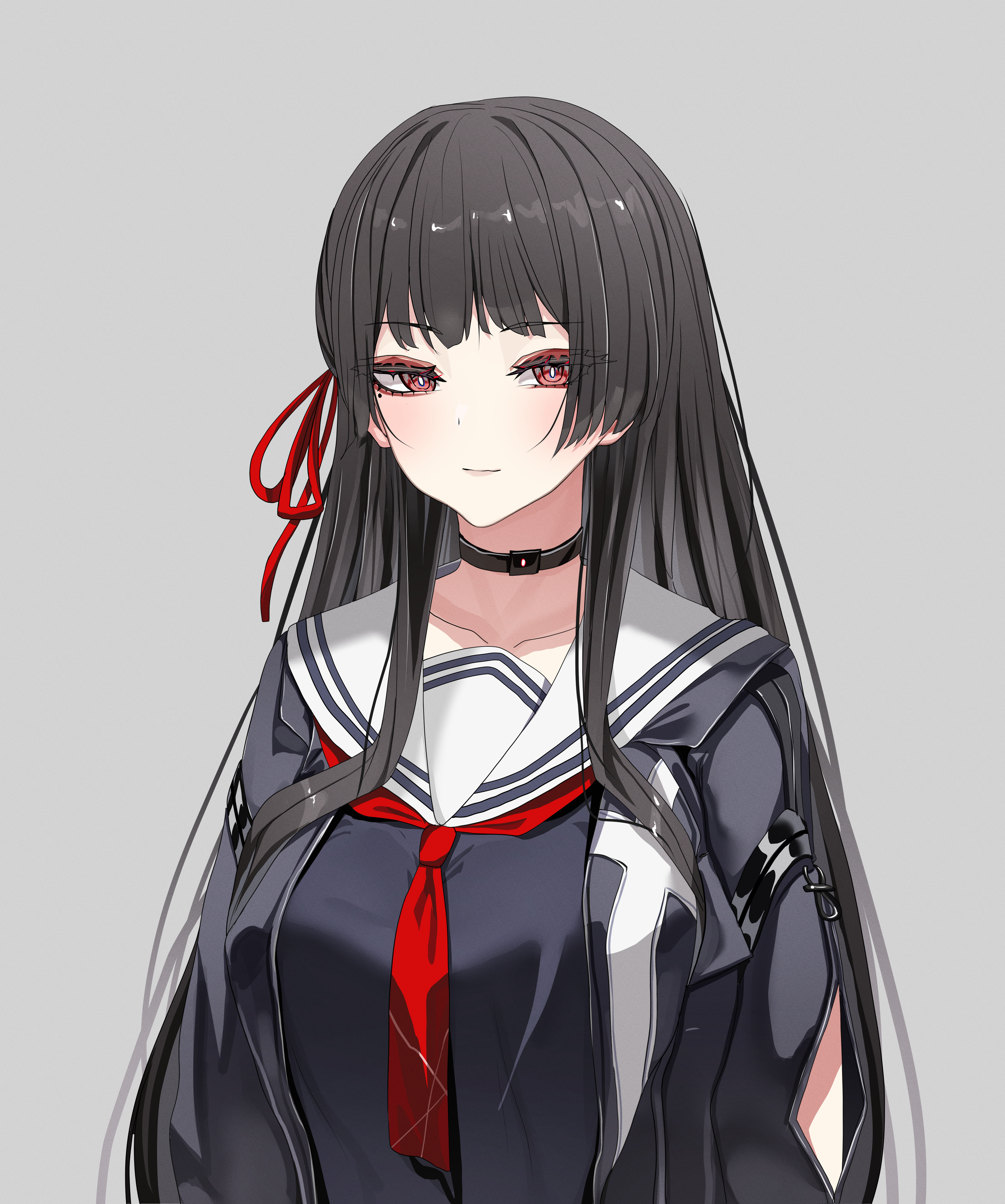 shiraitoart983, chisa (wuthering waves), wuthering waves, absurdres, commentary, english commentary, highres, 1girl, black choker, black hair, black jacket, blunt sidelocks, choker, collarbone, grey background, hair ribbon, jacket, long hair, neckerchief, open clothes, open jacket, red eyes, red neckerchief, red ribbon, ribbon, sailor collar, school uniform, serafuku, sidelocks, simple background, smile, solo, upper body, white sailor collar