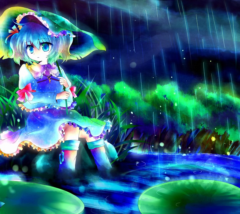 kazu (muchuukai), kawashiro nitori, touhou, bad id, bad pixiv id, 1girl, backpack, bag, blouse, blue eyes, blue hair, blue shirt, collared shirt, colorful, female focus, frilled shirt, frills, hair bobbles, hair ornament, hat, holding, holding umbrella, lily pad, matching hair/eyes, miniskirt, outdoors, rain, randoseru, shirt, short hair, sitting, skirt, solo, thighhighs, twintails, two side up, umbrella