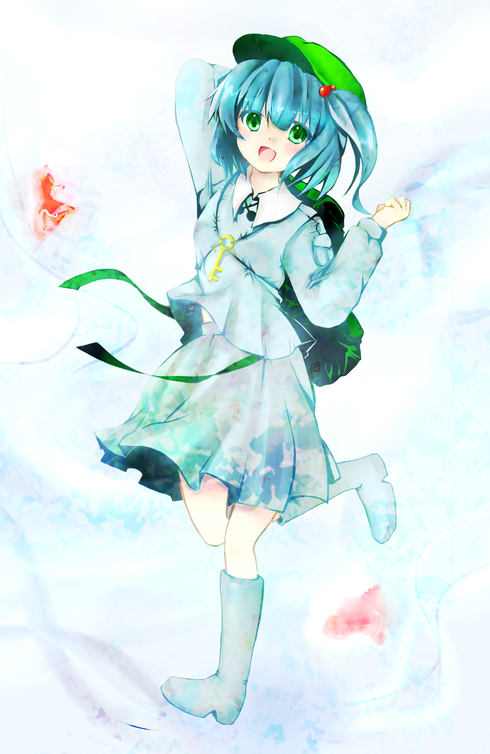koya (0okoya), kawashiro nitori, touhou, highres, 1girl, backpack, bag, blue eyes, blue hair, female focus, full body, gradient background, hat, kagestu koya, matching hair/eyes, randoseru, short hair, skirt, solo, twintails, two side up, white background