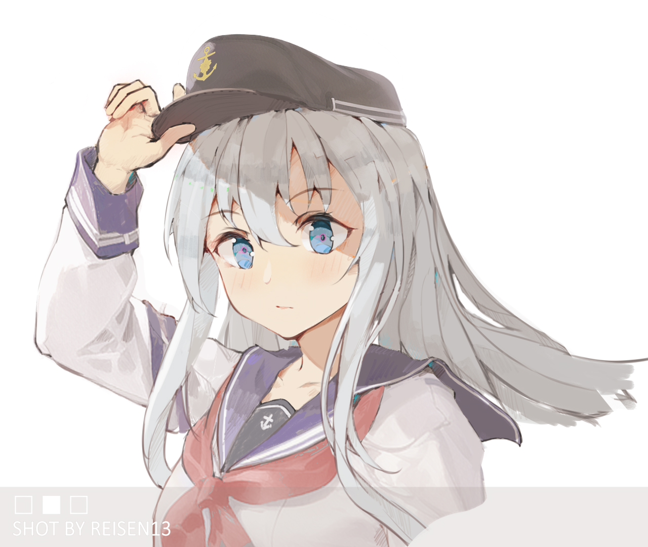 reisen13, hibiki (kancolle), kantai collection, 1girl, adjusting clothes, adjusting headwear, anchor symbol, arm up, artist name, black hat, blue eyes, blue sailor collar, blush, closed mouth, flat cap, floating hair, grey hair, hair between eyes, hat, long hair, looking at viewer, neckerchief, red neckerchief, sailor collar, school uniform, serafuku, sidelocks, simple background, solo, upper body, white background, white serafuku