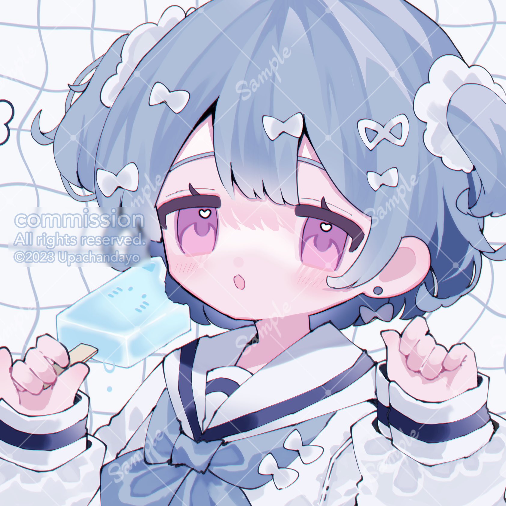 upa papa co, indie virtual youtuber, commentary request, highres, 1girl, :o, blue hair, blue neckerchief, blush, bow, food, grid background, hair bow, hair ornament, hair scrunchie, hands up, holding, holding food, holding popsicle, kawatani neon, long sleeves, neckerchief, open mouth, popsicle, portrait, purple eyes, sailor collar, sample watermark, school uniform, scrunchie, serafuku, shirt, short hair, solo, two side up, virtual youtuber, watermark, watermark grid, white background, white bow, white sailor collar, white scrunchie, white shirt