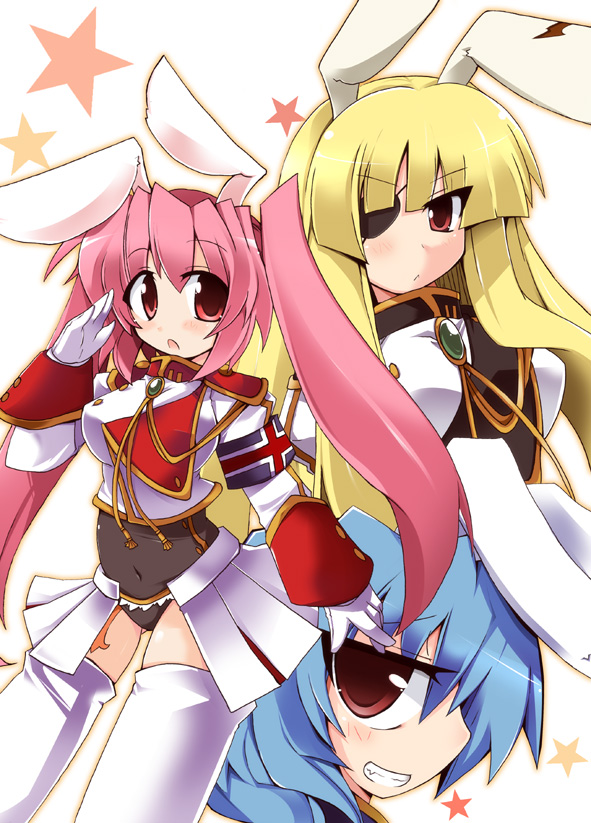shirogane (platinum), chiester00, chiester410, chiester45, chiester sisters, umineko no naku koro ni, 00s, 3girls, animal ears, blonde hair, blue hair, eyepatch, leotard, long hair, multiple girls, pink hair, rabbit ears, showgirl skirt, thighhighs