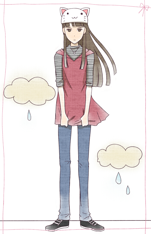 saki mahiro, shiraishi mako, samurai sentai shinkenger, super sentai, toeto (vocaloid), vocaloid, 1girl, :3, animal hat, animification, brown hair, cat hat, cloud, female focus, hat, rain, solo