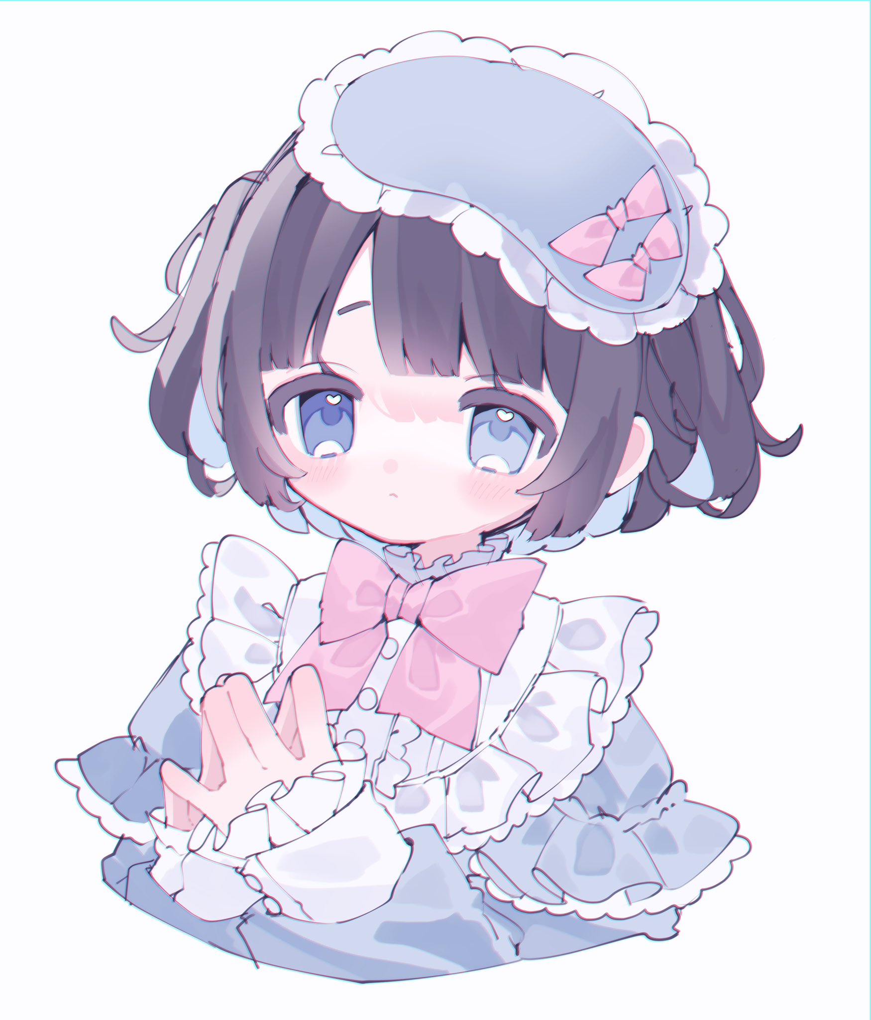upa papa co, original, commentary request, highres, 1girl, blue eyes, blue hair, blue shirt, blush, bow, bowtie, brown hair, closed mouth, colored inner hair, cropped torso, frilled sleeves, frills, long sleeves, multicolored hair, pink bow, pink bowtie, shirt, short hair, simple background, sleep mask, solo, steepled fingers, white background