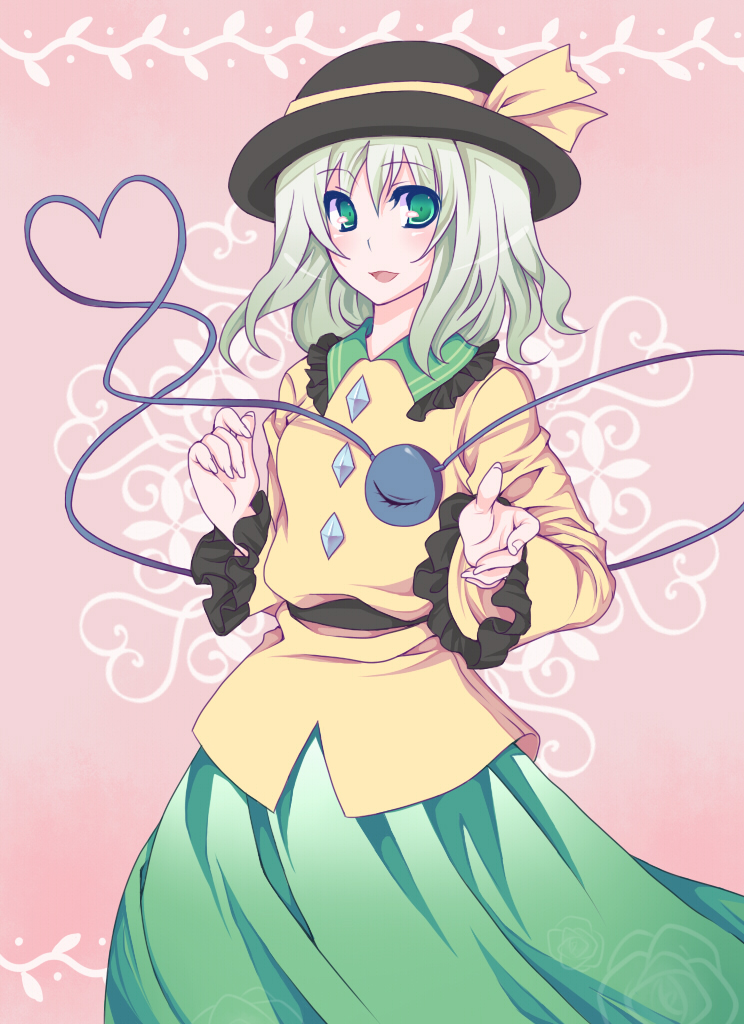 shino (artist), shino (mijinko), komeiji koishi, touhou, silver hair, bad id, bad pixiv id, 1girl, female focus, hat, heart, heart of string, short hair, solo