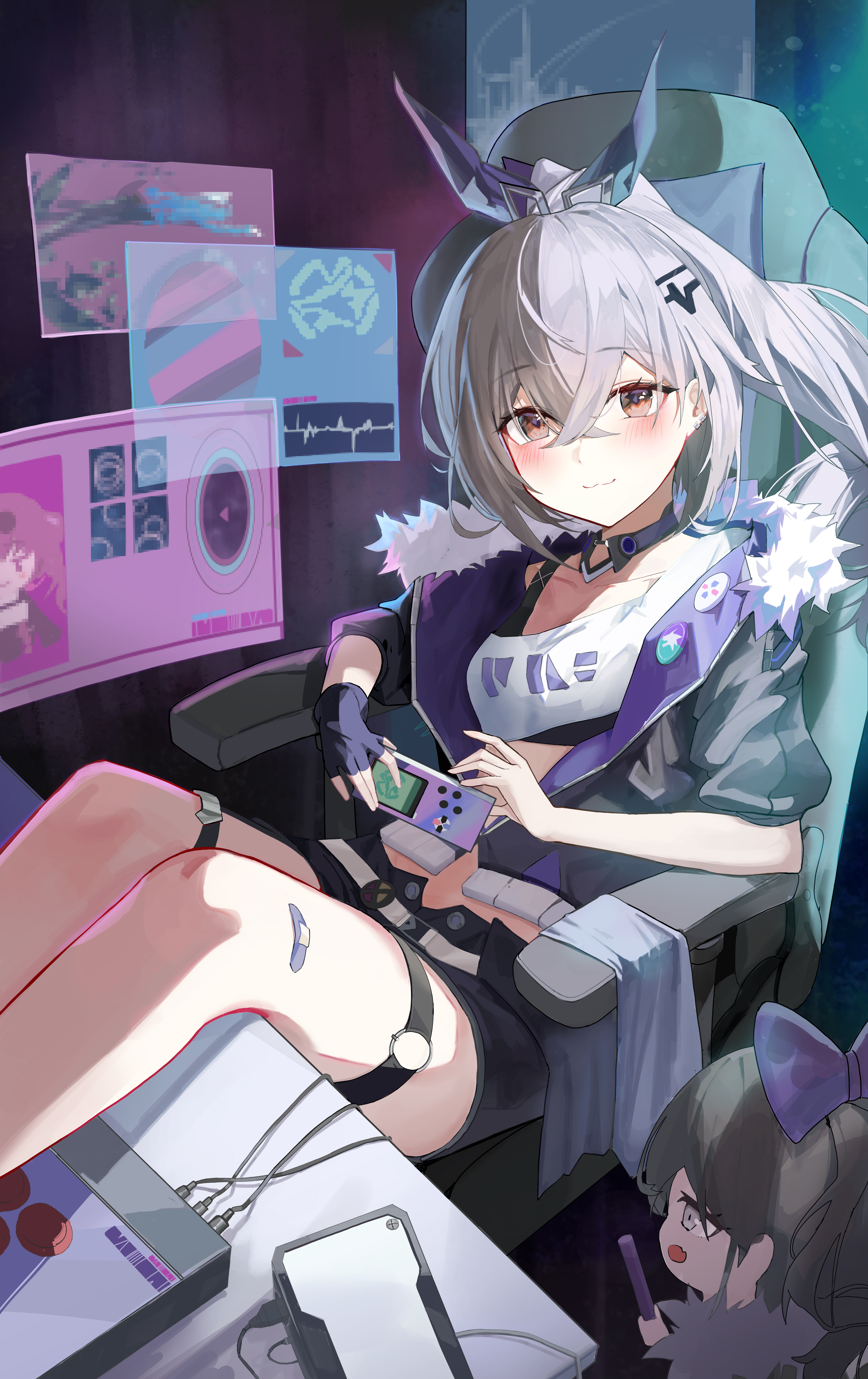 dongle, silver wolf (honkai: star rail), honkai: star rail, honkai (series), absurdres, highres, 1girl, bandaged leg, bandages, blush, brown eyes, gloves, grey hair, hair ornament, hairclip, jacket, long hair, looking at viewer, shorts, sitting, smile, solo