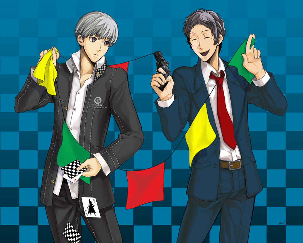 4ro, adachi tooru, izanagi (persona 4), narukami yu, atlus, persona, persona 4, silver hair, bad id, bad pixiv id, 2boys, ace (playing card), ace of hearts, baseball bat, card, flag, floating card, gun, heart, holding, holding card, joker (playing card), male focus, multiple boys, necktie, playing card, weapon