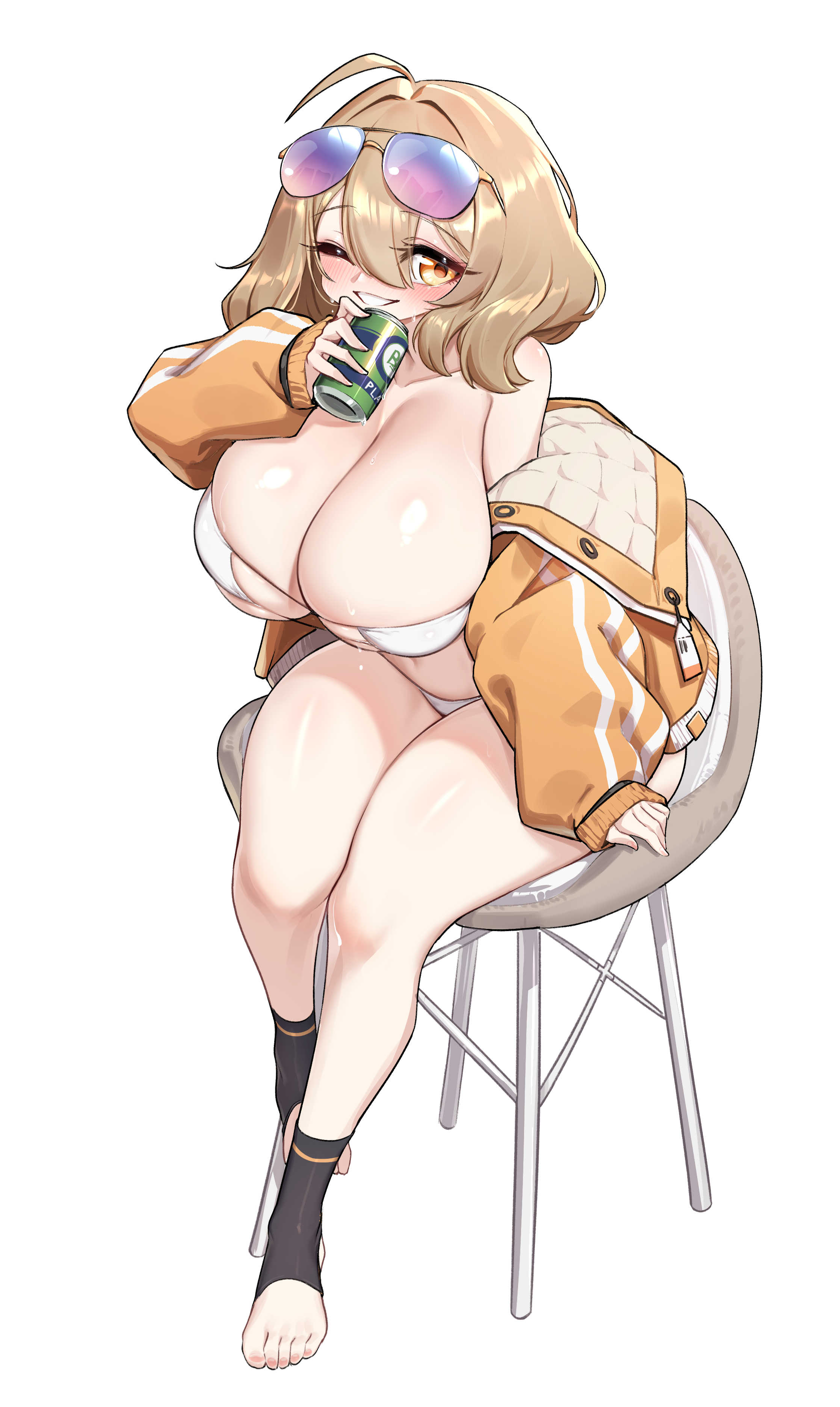 yabby, anis (nikke), anis (sparkling summer) (nikke), goddess of victory: nikke, absurdres, highres, 1girl, ahoge, aviator sunglasses, bikini, breasts, brown eyes, brown hair, can, chair, cleavage, eyepatch bikini, eyewear on head, full body, hair between eyes, holding, holding can, jacket, large breasts, long sleeves, looking at viewer, medium hair, off shoulder, official alternate costume, on chair, one eye closed, orange jacket, quilted jacket, simple background, sitting, skindentation, sleeves past wrists, smile, solo, stirrup footwear, sunglasses, sweat, swimsuit, toes, white background, white bikini