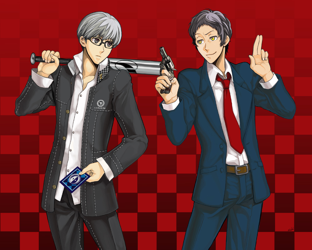4ro, adachi tooru, narukami yu, atlus, persona, persona 4, silver hair, bad id, bad pixiv id, spoilers, 2boys, baseball bat, card, glasses, gun, holding, holding card, male focus, multiple boys, necktie, weapon, yellow eyes