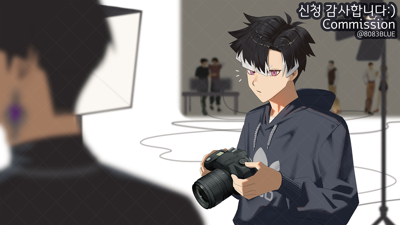 8083 blue, hoshina soshiro, narumi gen, kaijuu no. 8, commission, 2boys, artist name, black hair, blurry, blurry foreground, camera, closed mouth, digital camera, drawstring, earrings, holding, holding camera, hood, hood down, hoodie, jewelry, long sleeves, looking at another, male focus, multiple boys, people, pink eyes, short hair, white background