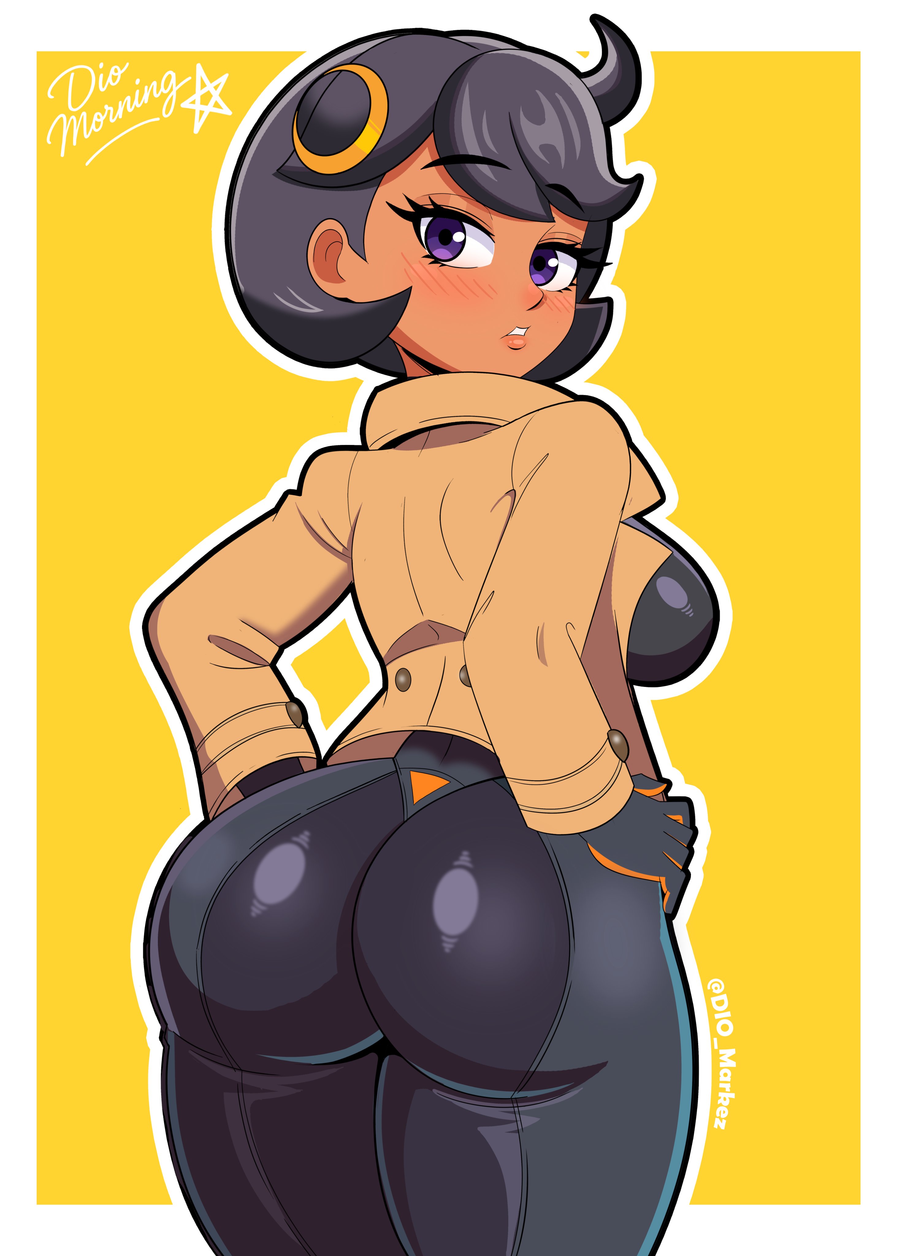 emma (pokemon), nintendo, pokemon, pokemon legends: z-a, absurdres, highres, 1girl, ass, black bodysuit, black hair, blush, bodysuit, bodysuit under clothes, brown jacket, dark-skinned female, dark skin, dio morningstar, from behind, gloves, hair ornament, jacket, looking at viewer, purple eyes, short hair, simple background, smile, solo